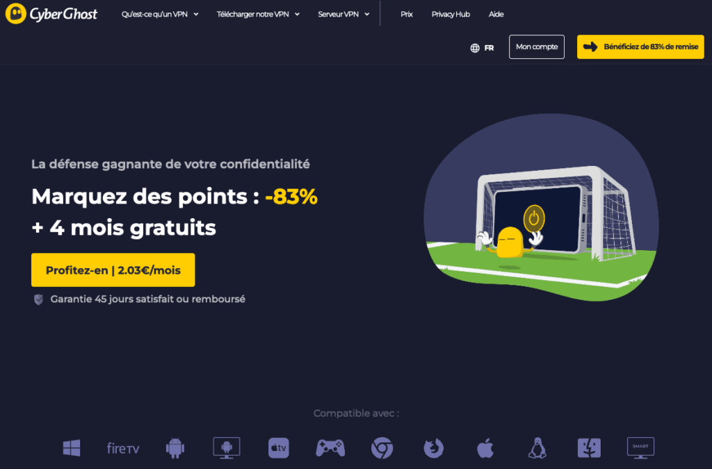 Landing page de CyberGhost présentant tarifs, fonctionnalités et raisons de notre choix