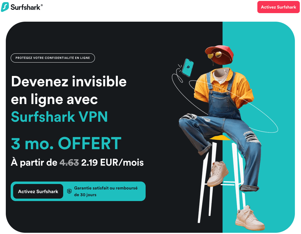 Landing page de Surfshark présentant tarifs, fonctionnalités et raisons de notre choix