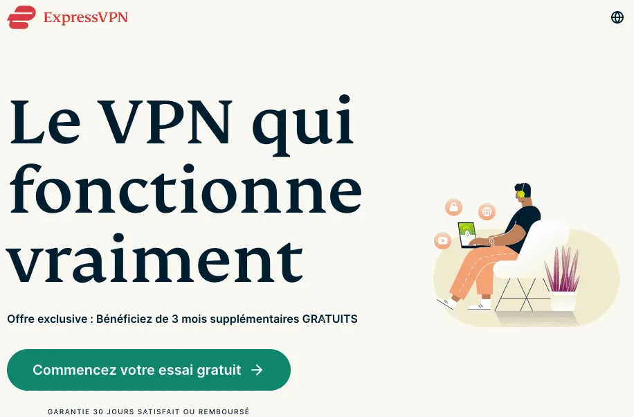 Landing page de ExpressVPN présentant tarifs, fonctionnalités et raisons de notre choix
