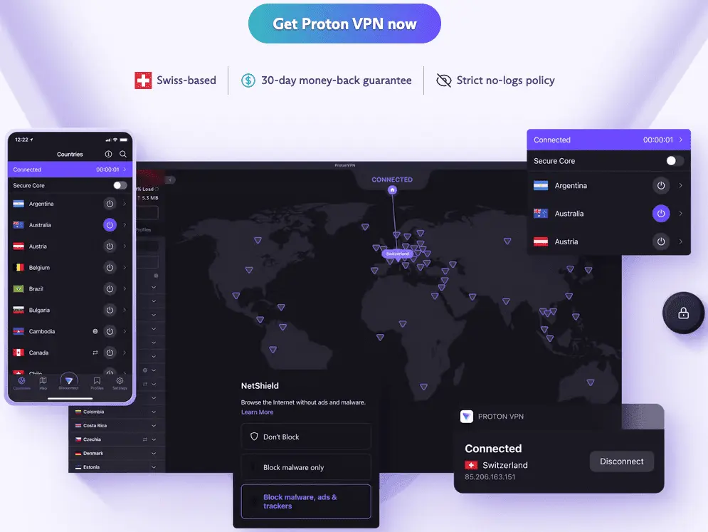 Landing page de Proton VPN présentant tarifs, fonctionnalités et raisons de notre choix