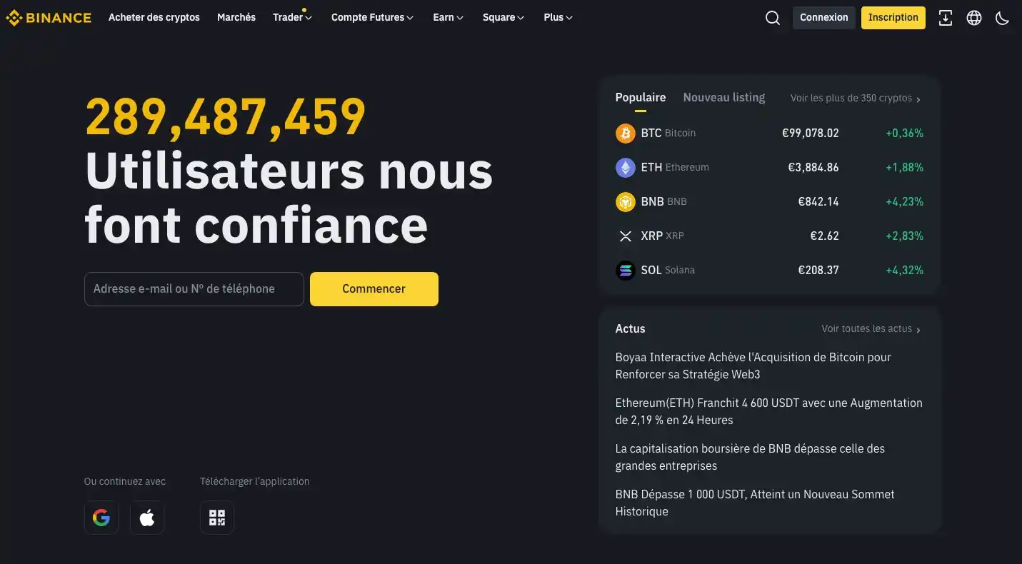 Binance numéro 1 des meilleures plateformes crypto 2025 – aperçu officiel de la page d’accueil